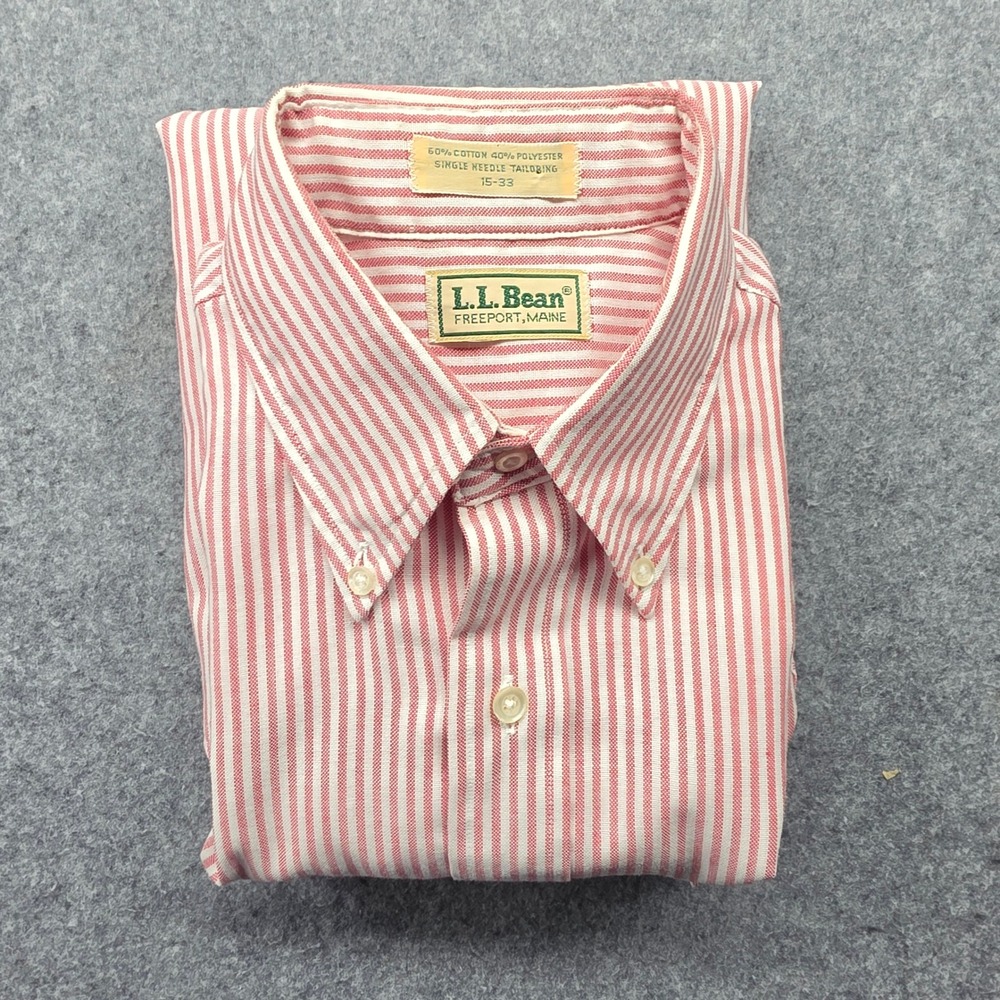 LL Bean Mens Red White Striped Button Down Shirt 15-33 Long Sleeve Flap Pocket
